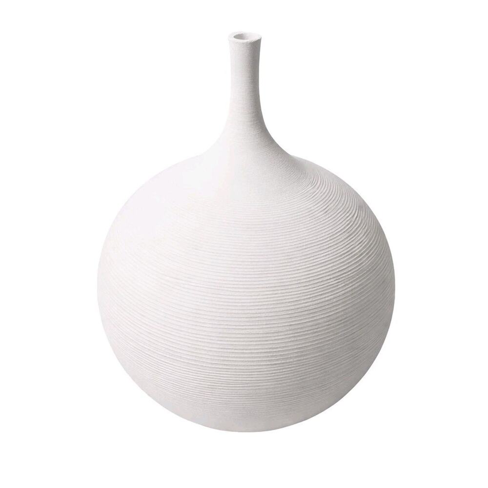 Modern Matte White Ribbed Ceramic Vase 6.5” Sculptural Japandi Minimalist Decor